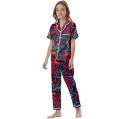 Vintage Flash Tattoos Designs Seamless Pattern Kids  Satin Short Sleeve Pajamas Set