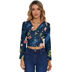 Seamless Pattern With Funny Alien Cat Galaxy Long Sleeve V-neck Top