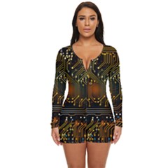 Circuits Circuit Board Orange Technology Long Sleeve Boyleg Swimsuit