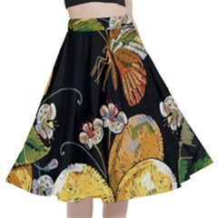 Embroidery Blossoming Lemons Butterfly Seamless Pattern A-line Full Circle Midi Skirt With Pocket by Ket1n9
