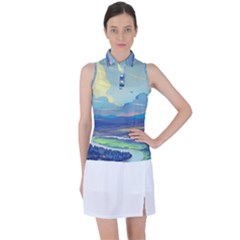 Mountains And Trees Illustration Painting Clouds Sky Landscape Women s Sleeveless Polo T-shirt