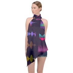Colorful Sound Wave Set Halter Asymmetric Satin Top