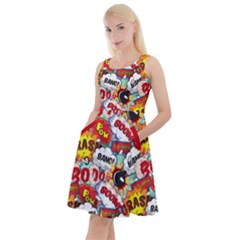 Fun Pop Art Words Orange Knee Length Skater Dress With Pockets by CoolDesigns