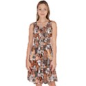 Colorful Brown Doodle Dogs and Cats Pattern Knee Length Skater Dress With Pockets View1