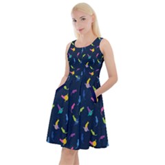 Dark Blue Space Cats Saturn And Stars Knee Length Skater Dress With Pockets  by CoolDesigns