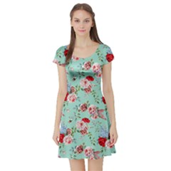 Mint Roses Blue Violet White Floral Pattern Silhouettes Butterflies Short Sleeve Skater Dress