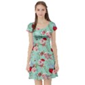 Mint Roses Blue Violet White Floral Pattern Silhouettes Butterflies Short Sleeve Skater Dress View1