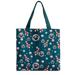 Adorable Astronaut Pugs Cadet Blue Rockets Print Zipper Grocery Tote Bag by CoolDesigns
