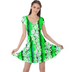 Frangipani Floral Green Stripes Cap Sleeve Dress