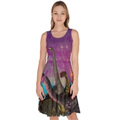 Brachiosaurus Dark Violet Dinosaur Knee Length Skater Dress With Pockets