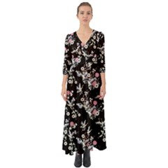Dark Flower Birds Button Up Boho Maxi Dress