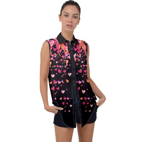 Dripping Hearts Cute Black Valentine Day Pattern Sleeveless Chiffon Button Shirt by CoolDesigns