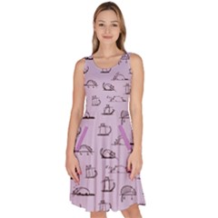 Plum Cats Sketch Pattern Knee Length Skater Dress With Pockets