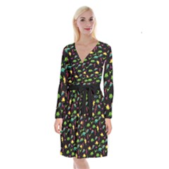 Colorful Dino Black Dinosaur Long Sleeve Velvet Front Wrap Dress by CoolDesigns