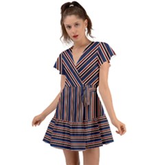 Retro Nautical Marine Navy Stripes Flutter Sleeve Wrap Dress by CoolDesigns