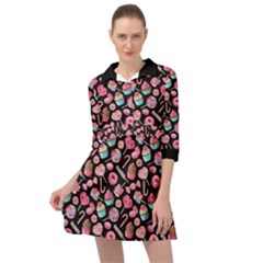 Black Yummy Colorful Sweet Lollipop Candy Macaroon Cupcake Donut Seamless Mini Skater Shirt Dress by CoolDesigns