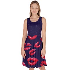 Kiss Lips Deep Purple Polka Dots Knee Length Skater Dress With Pockets