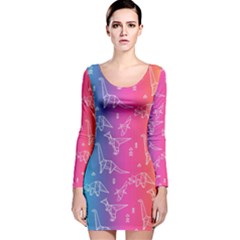 Origami Dinosaur Colorful Long Sleeve Velvet Bodycon Dress by CoolDesigns
