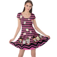 Pink Checkered Sugar Skull Halloween Cap Sleeve Dress by CoolDesigns