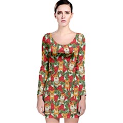 Cue Shiba Green & Red Poinsettia Floral Long Long Sleeve Velvet Bodycon Dress by CoolDesigns