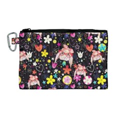 Floral Black Cute Rabbit Kawaii Large Canvas Cosmetic Bag by CoolDesigns