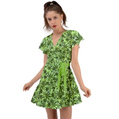 Cannabis Light Green Marijuana Leaves Flutter Sleeve Wrap Dress by CoolDesigns