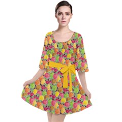 Colorful Pattern Cute Kawaii Smiling Fruits Stickers Velour Kimono Dress by CoolDesigns
