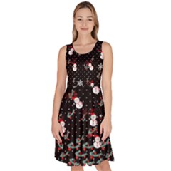 Black Dots Snowman Mistletoe Knee Length Skater Dress With Pockets