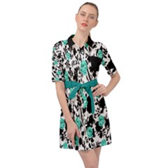 Black Shadow Mint Floral Work Belted Shirt Dress by CoolDesigns