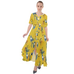 Summer Gold Floral Flowy Waist Tie Boho Maxi Dress