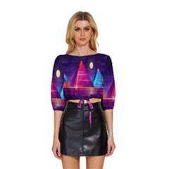 Egyptian Pyramids Night Landscape Cartoon Art Mid Sleeve Drawstring Hem Top