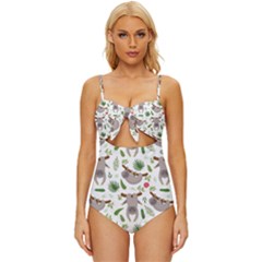 Seamless Pattern With Cute Sloths Knot Front One-piece Swimsuit