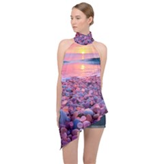 Sea Beach Water Sunset Ocean Halter Asymmetric Satin Top