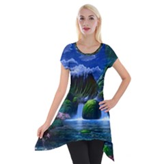 Flamingo Paradise Scenic Bird Fantasy Moon Paradise Waterfall Magical Nature Short Sleeve Side Drop Tunic