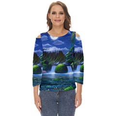 Flamingo Paradise Scenic Bird Fantasy Moon Paradise Waterfall Magical Nature Cut Out Wide Sleeve Top