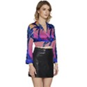 Abstract 3d Art Holiday Island Palm Tree Pink Purple Summer Sunset Water Long Sleeve Tie Back Satin Wrap Top View3