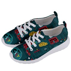 Seamless Pattern Hand Drawn With Vehicles Buildings Road Women s Lightweight Sports Shoes