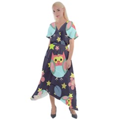 Owl Stars Pattern Background Cross Front Sharkbite Hem Maxi Dress