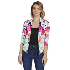 Panda Umbrella Pattern Women s Draped Front 3/4 Sleeve Shawl Collar Jacket