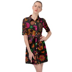 Skull Colorful Floral Flower Head Belted Shirt Dress by Cemarart