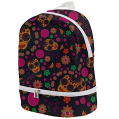 Skull Colorful Floral Flower Head Zip Bottom Backpack by Cemarart