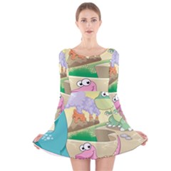 Kids Mural Cartoon Dinosaur Long Sleeve Velvet Skater Dress