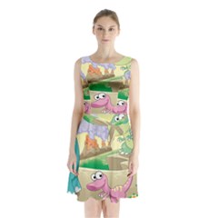 Kids Mural Cartoon Dinosaur Sleeveless Waist Tie Chiffon Dress