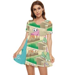 Kids Mural Cartoon Dinosaur Tiered Short Sleeve Babydoll Dress