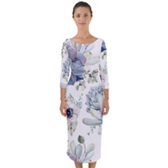 Nature, Floral, Flower, Print, Vintage Quarter Sleeve Midi Bodycon Dress
