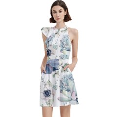 Nature, Floral, Flower, Print, Vintage Cocktail Party Halter Sleeveless Dress With Pockets