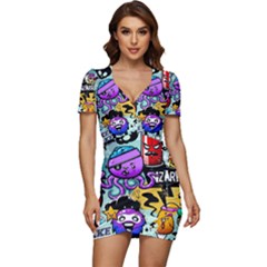Cartoon Graffiti, Art, Black, Colorful Low Cut Cap Sleeve Mini Dress