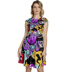Cartoon Graffiti, Art, Black, Colorful Cap Sleeve High Waist Dress