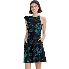 Cartoon, Halloween, Black, Dark Cocktail Party Halter Sleeveless Dress With Pockets