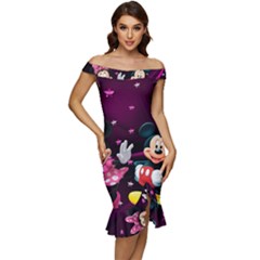Cartoons, Disney, Mickey Mouse, Minnie Off Shoulder Ruffle Split Hem Bodycon Dress